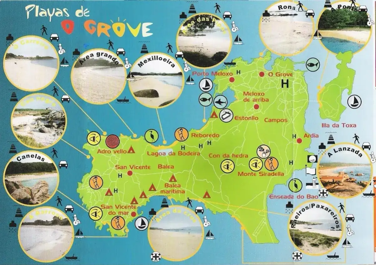 Mapa de las playas de O Grove, con imágenes de Areagrande, Mexilloeira, Canelas y A Lanzada.