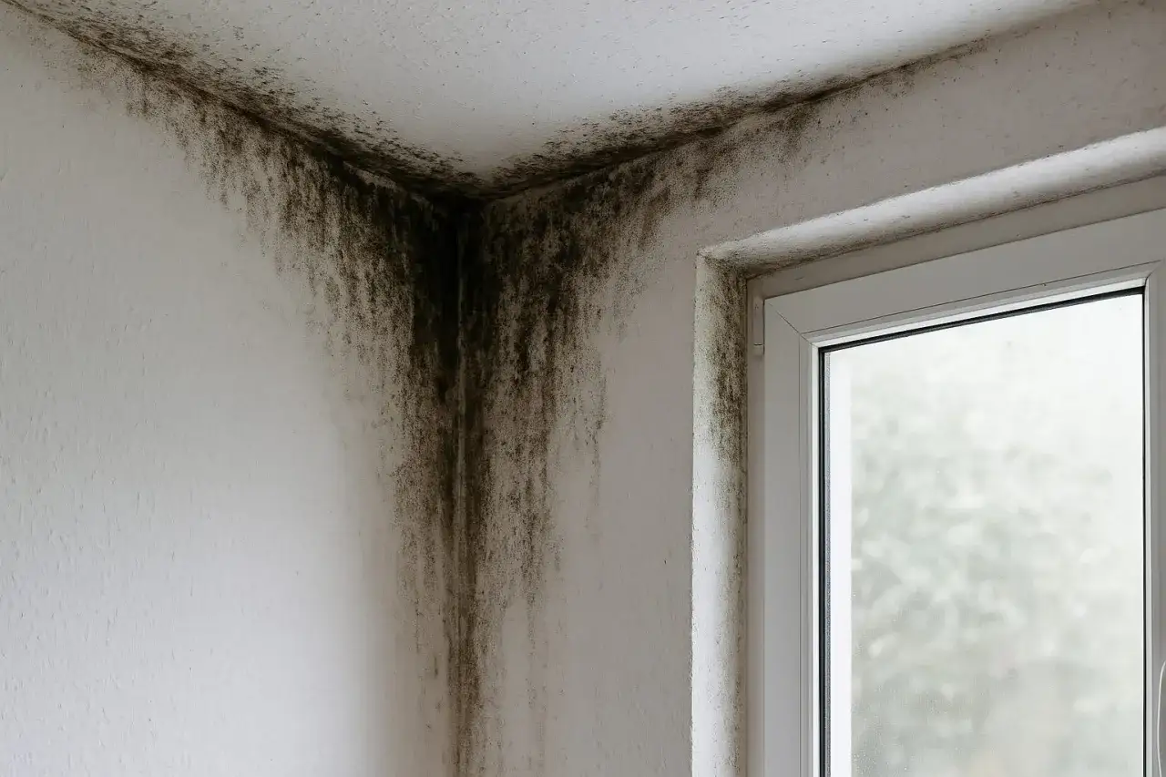 Taches noires de moisissure sur un mur blanc et le plafond, signe de condensation mur intérieur. Une fenêtre blanche est visible à droite.