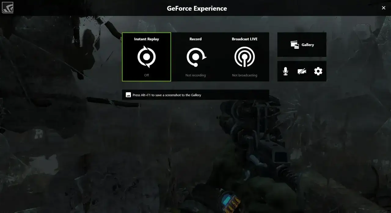 Interfejs GeForce Experience z opcjami nagrywania i transmisji. W tle widać fragment gry, gdzie gra cieni i światła tworzy mroczny klimat.