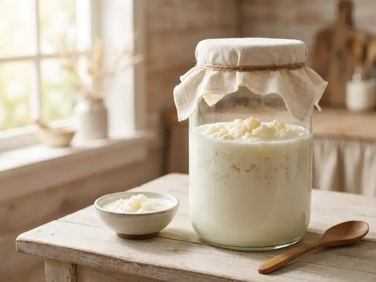 Ein Glas mit Kefir und eine kleine Schale mit Kefir-Körnern, die an Quark erinnern, stehen auf einem Holztisch.