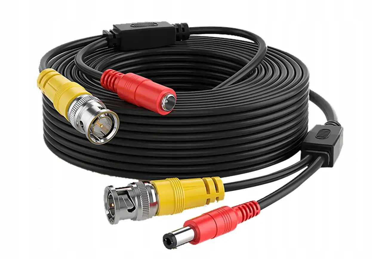 Kabel do monitoringu z końcówkami BNC (żółty) i zasilania (czerwony). Idealny do systemów CCTV.