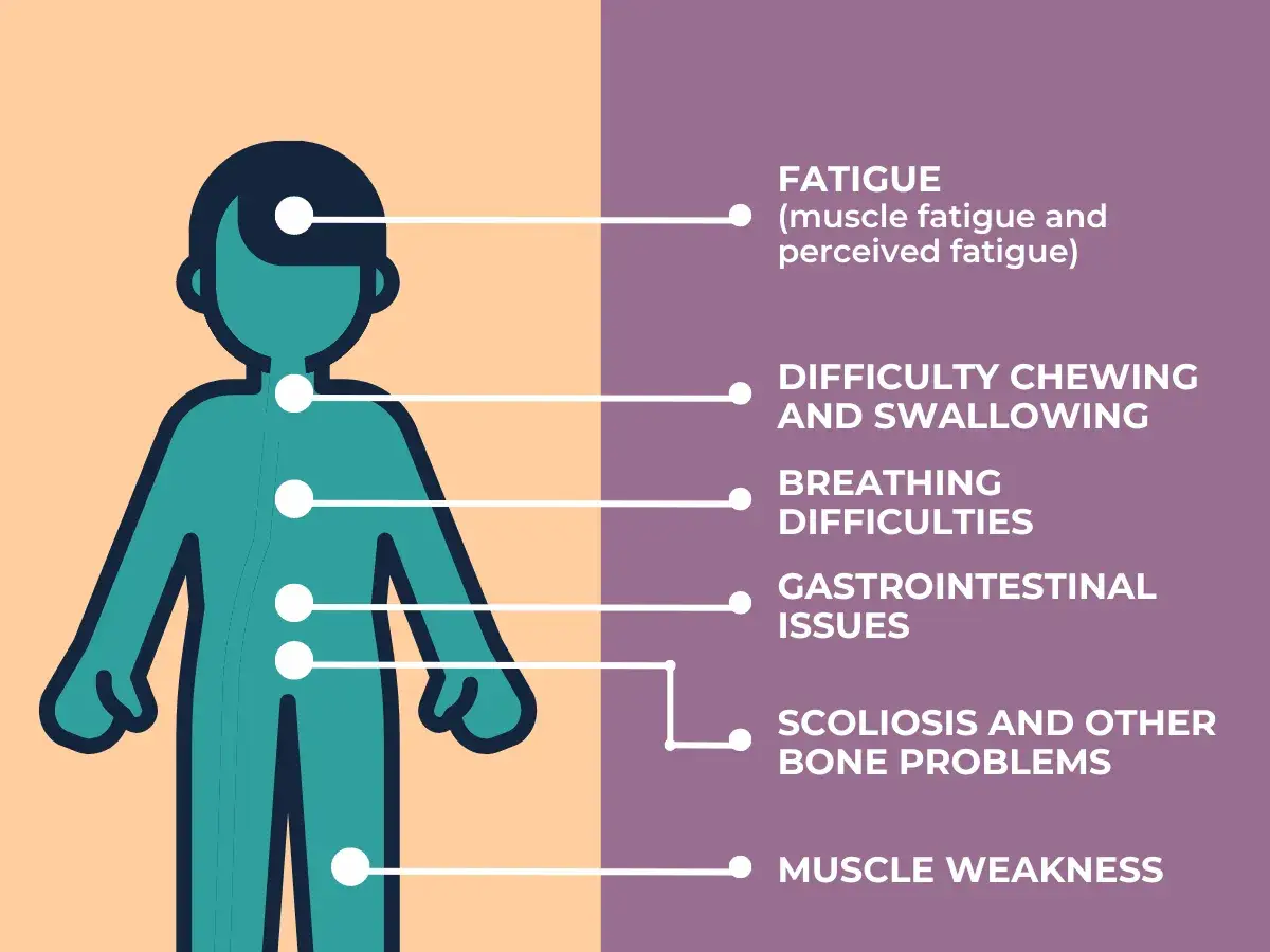Schema che illustra i sintomi di debolezza muscolare: affaticamento, difficoltà a masticare/deglutire, problemi respiratori, gastrointestinali, scoliosi e debolezza muscolare.