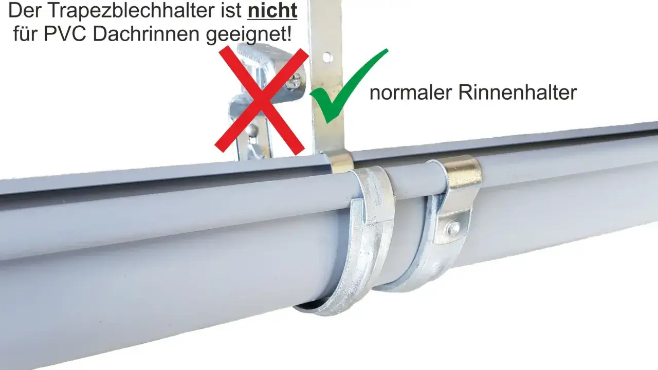 So montieren Sie eine Dachrinne richtig: Trapezblechhalter sind nicht f&uuml;r PVC geeignet. Ein normaler Rinnenhalter h&auml;lt.