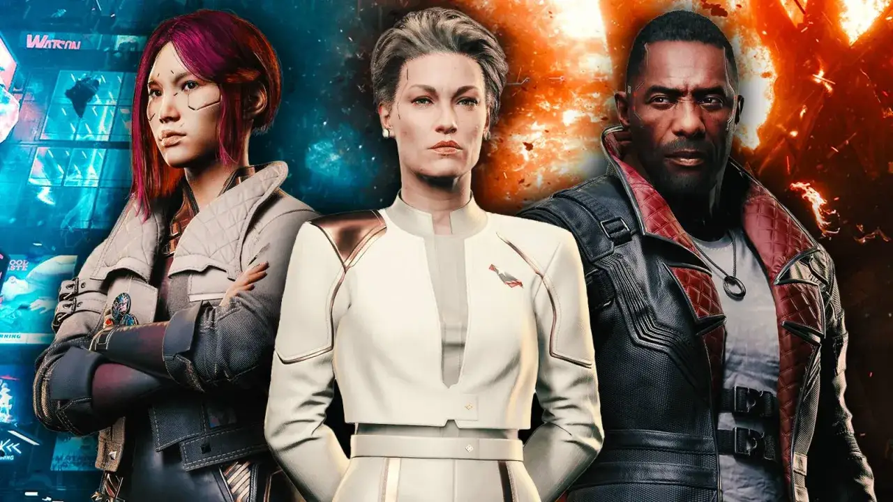 Trzy postacie z gry Cyberpunk 2077: kobieta z różowymi włosami, elegancka kobieta w bieli i mężczyzna w skórzanej kurtce. Nie czas żałować róż.