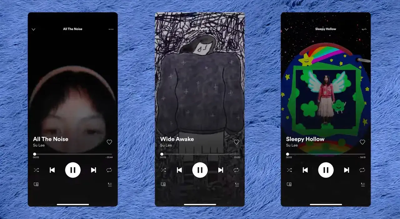 Three Spotify canvas screens display album art for