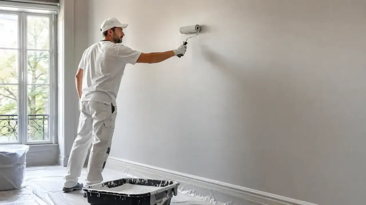 Un peintre applique une peinture acrylique part à l'eau sur un mur blanc.