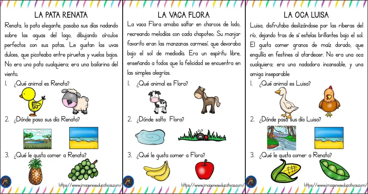 Fichas para la comprensión lectora primaria con cuentos de animales: Renata la pata, Flora la vaca y Luisa la oca.