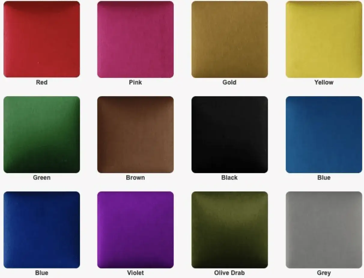 Ampia gamma di colori anodizzazione alluminio: rosso, rosa, oro, giallo, verde, marrone, nero, blu, viola, verde oliva e grigio.
