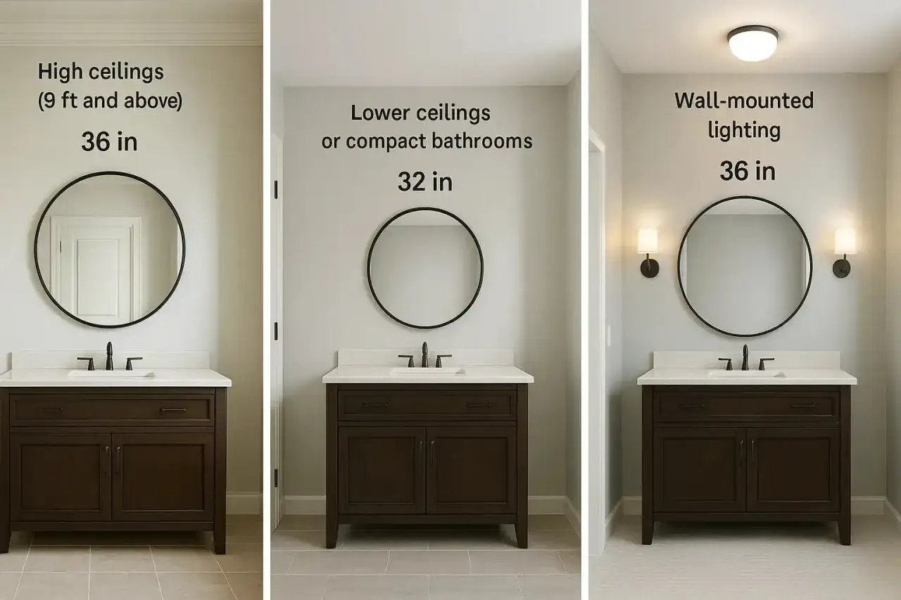 Bathroom vanity mirror size guide: 36-inch mirrors for high ceilings or wall-mounted lighting, 32-inch for lower ceilings.