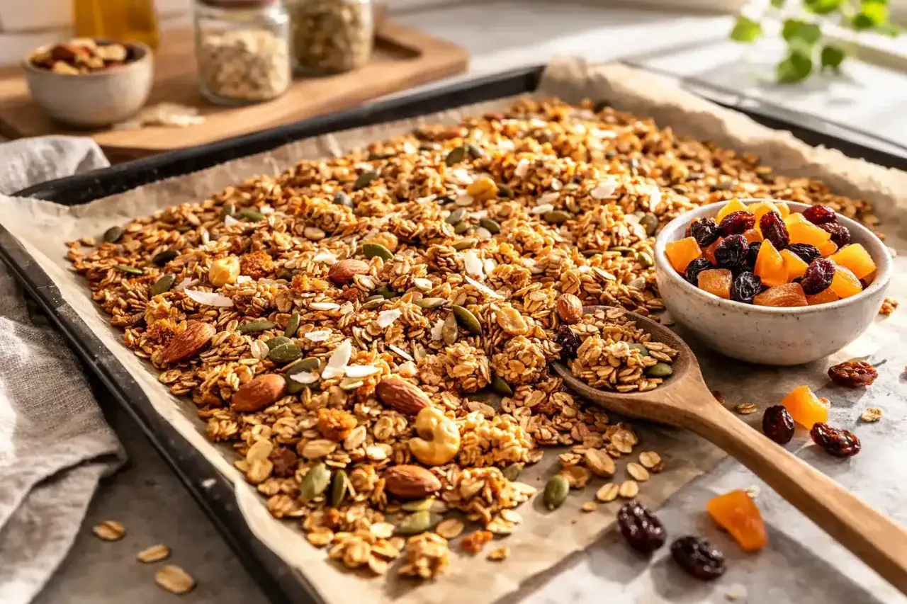 En stor pl&aring;t med gyllene, hemmagjord granola fylld med n&ouml;tter, fr&ouml;n och torkad frukt. En sk&aring;l med russin och aprikoser samt en tr&auml;sked full med granola.