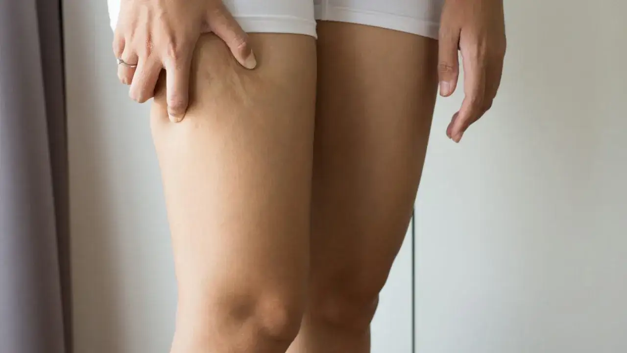 Dłoń uciska udo, ukazując nierówności skóry charakterystyczne dla lipodemi.