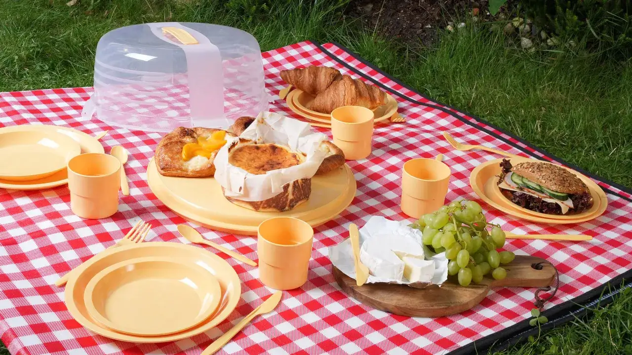 Co na piknik? Na czerwono-białej kraciastej narzucie leżą talerze, kubki, pieczywo, ser i winogrona.