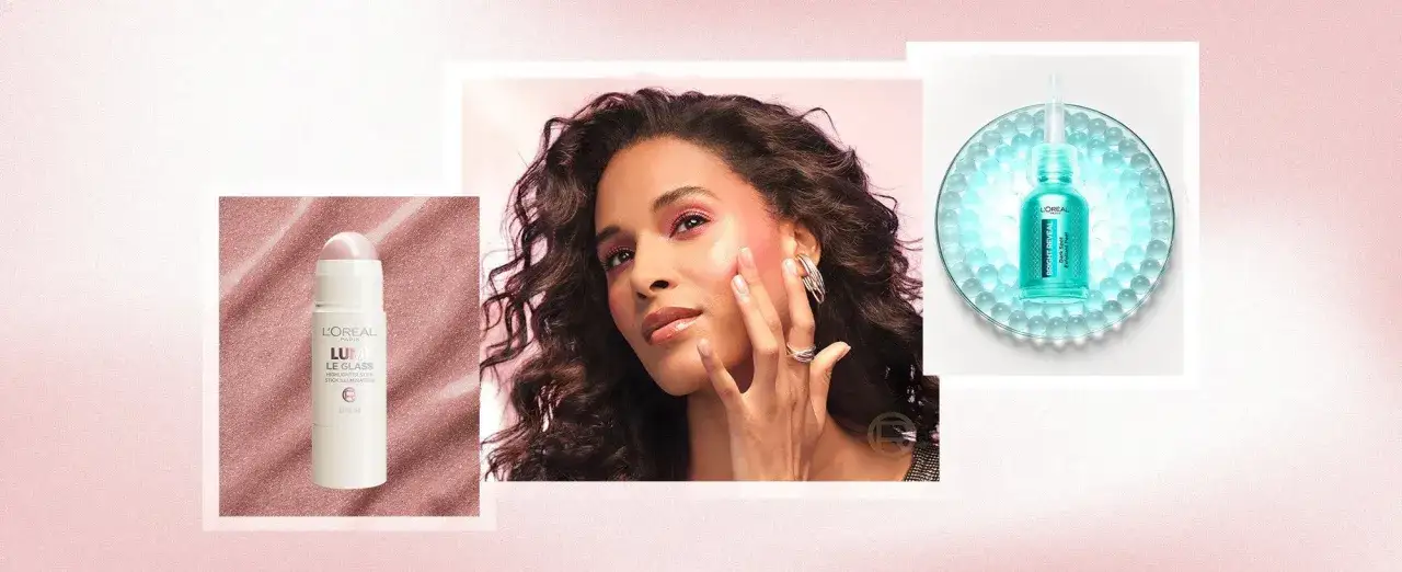 H&auml;r &auml;r en modell som visar hur man f&aring;r glow i ansiktet med L'Or&eacute;al Lumi Le Glass highlighter stick och Bright Reveal serum.