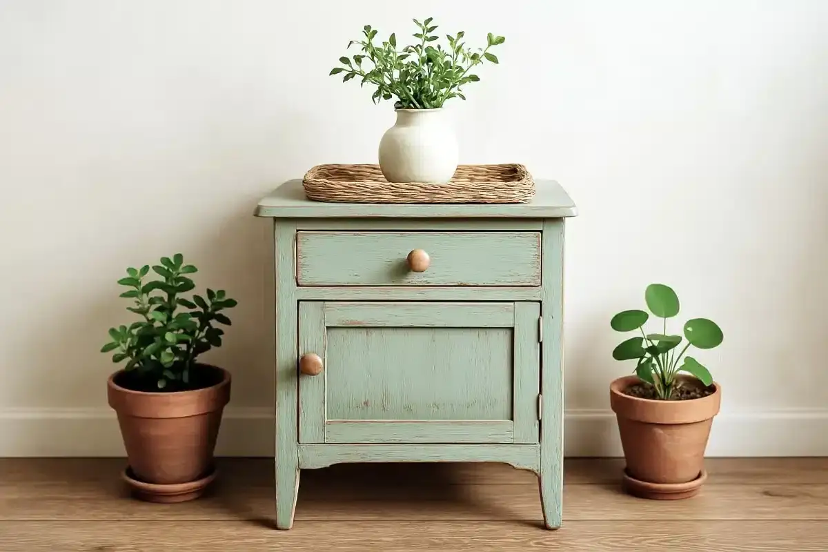 Een **oude kast opknappen** is een transformatie! Deze mintgroene kast met lade en deurtje, versierd met planten, toont het 'na' resultaat.