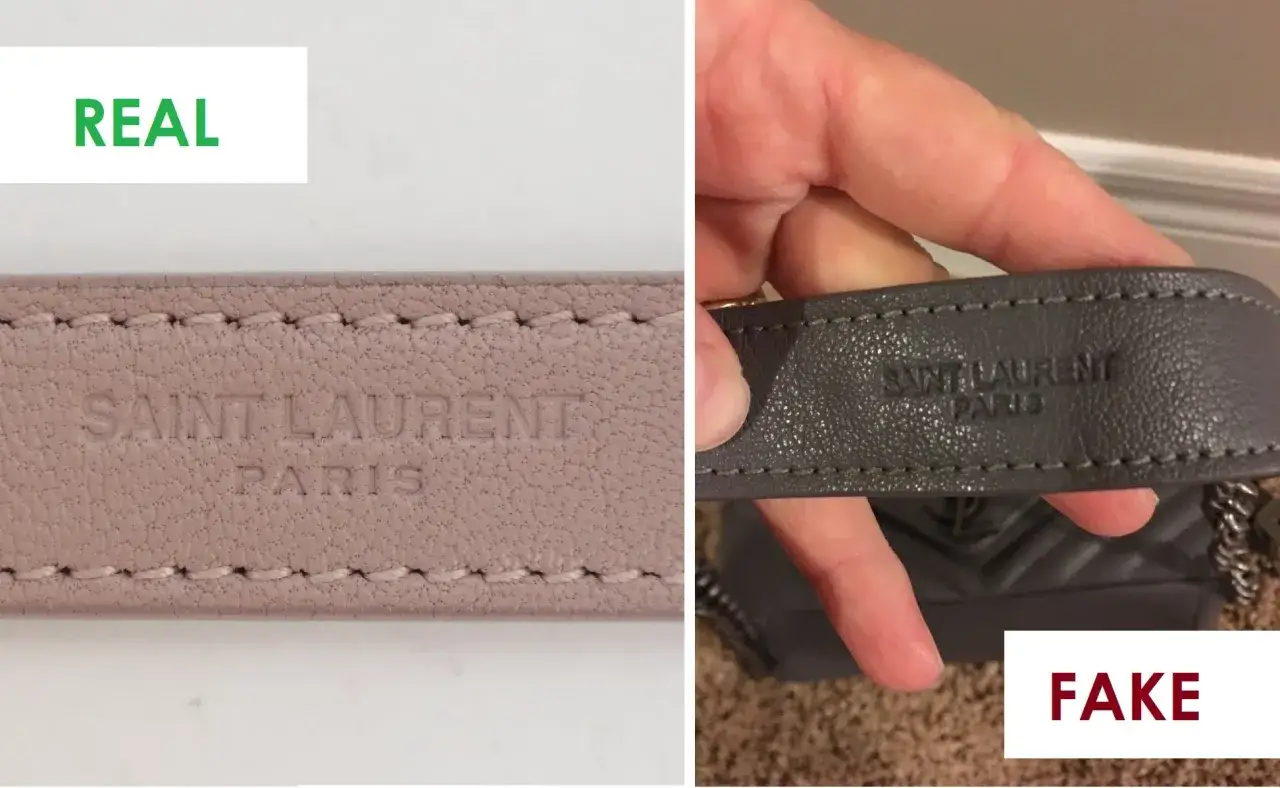 Vergleich: Echte YSL Tasche mit pr&auml;zisem Logo links, gef&auml;lschte YSL Tasche mit unsauberem Logo rechts. So erkennst du eine YSL Tasche fake.
