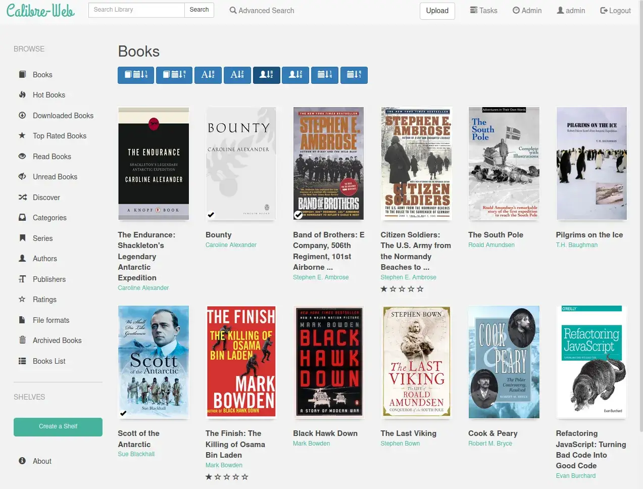 Bibliothèque Calibre-Web affichant des livres, dont