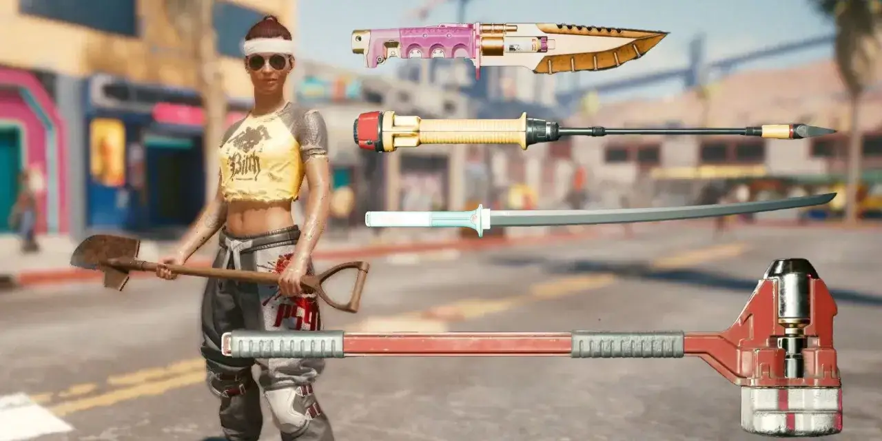 Cyberpunk 2077 najlepsze bronie: kobieta z łopatą i futurystyczne ostrza, w tym różowy nóż, złoty szpikulec, katana i młot.