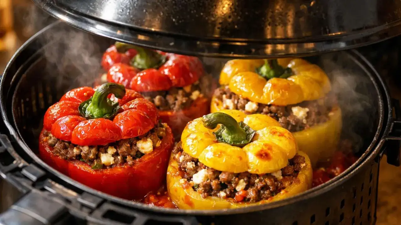 Gef&uuml;llte Paprikaschoten im Airfryer, dampfend und k&ouml;stlich. Rote und gelbe Paprika mit Hackfleisch und K&auml;se, bereit zum Genuss.