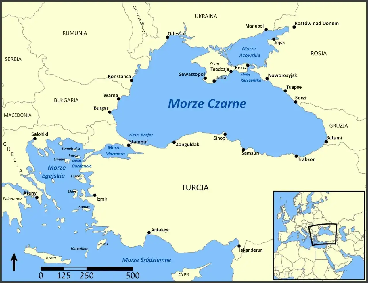 Mapa Europy z zaznaczonym Morzem Czarnym, Marmara i Egejskim. Widać wybrzeża Turcji, Ukrainy, Rosji, Gruzji, Bułgarii, Rumunii i Grecji.
