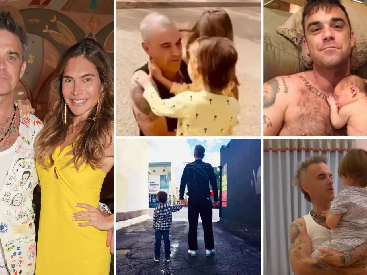 Robbie Williams barn i olika situationer: med sin fru, kramar barn, med en nyf&ouml;dd bebis och med sina barn p&aring; promenad.