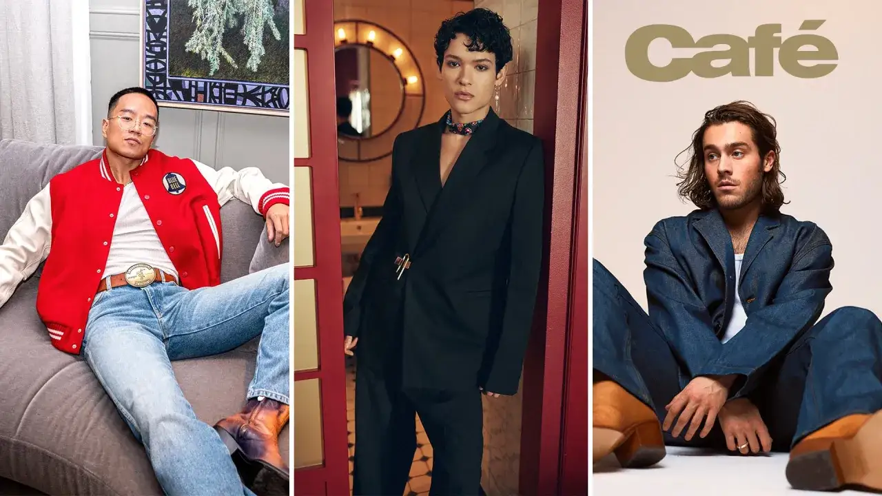 Tre män visar upp olika stilar inom manliga influencers mode. En bär en bomberjacka, en annan en elegant svart kostym och den tredje en jeanskostym.