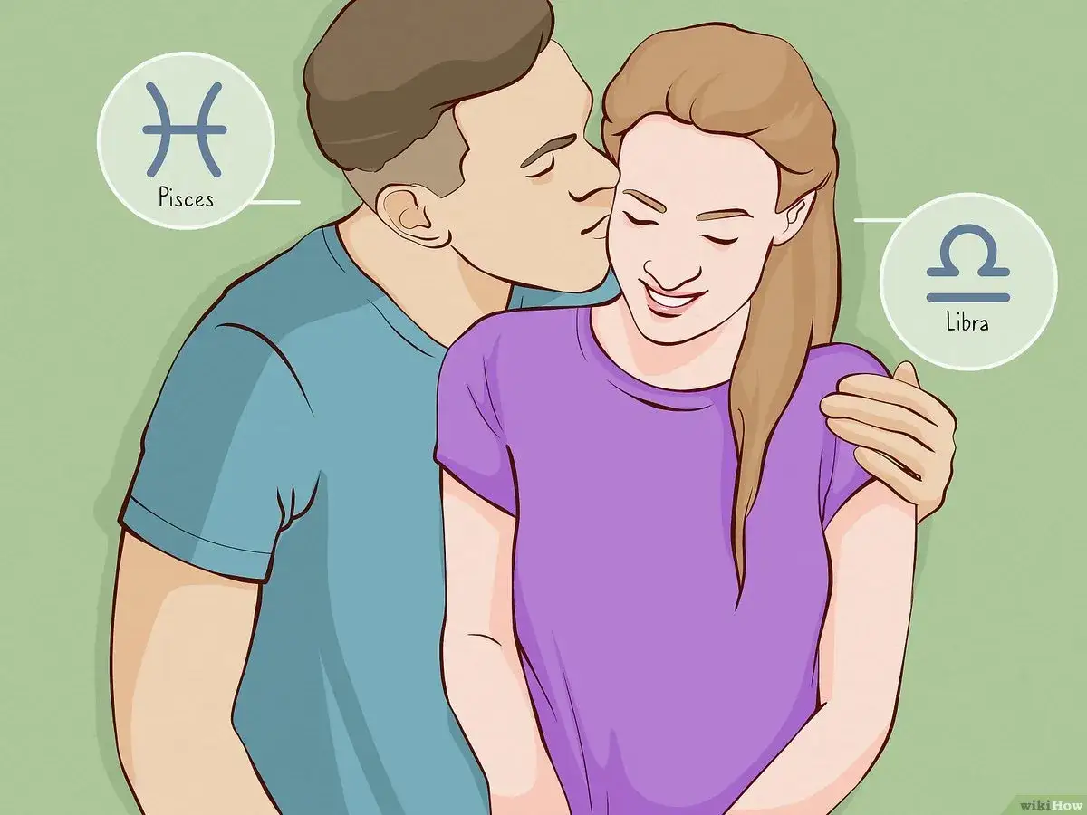 Un hombre besa tiernamente a una mujer. S&iacute;mbolos de Libra y Piscis flotan sobre ellos, sugiriendo una conexi&oacute;n rom&aacute;ntica entre estos signos del zod&iacute;aco.
