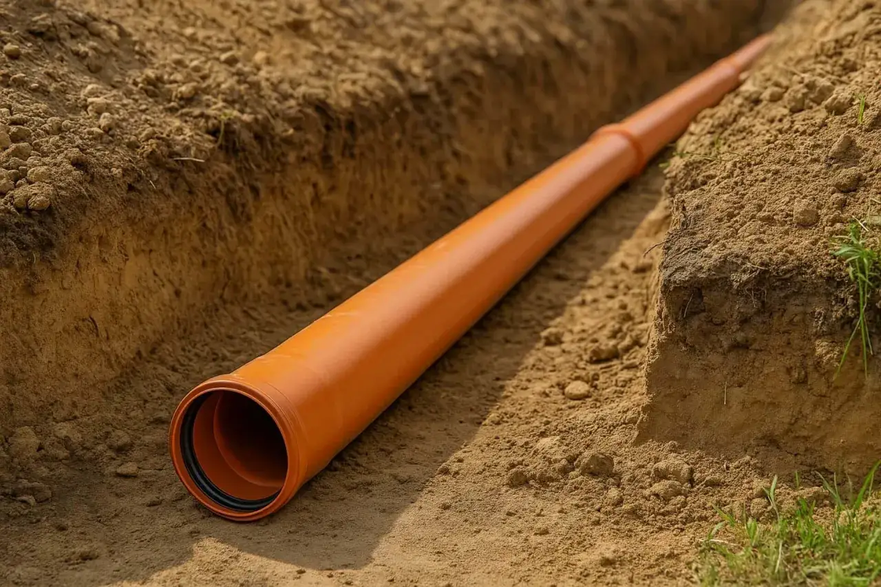 Pomarańczowa rura kanalizacyjna 160 mm ułożona w wykopie z ziemi. Kluczowy jest minimalny spadek dla rury 160, zapewniający prawidłowy przepływ.