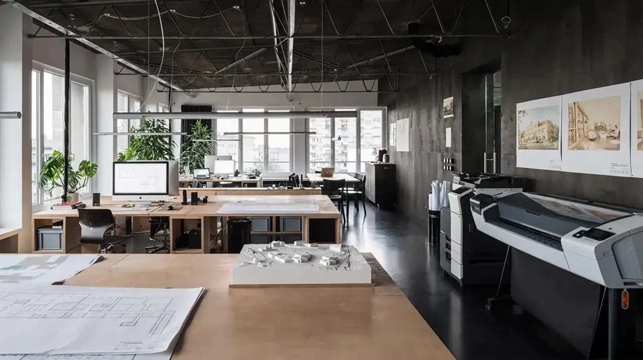 Nowoczesne biuro architektoniczne z modelami, planami i drukarkami wielkoformatowymi.