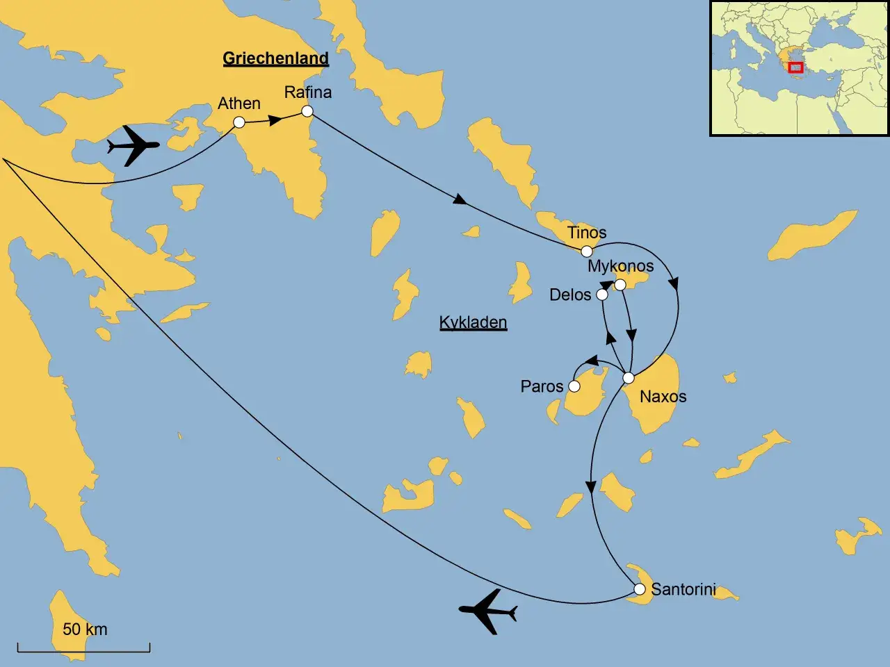 Karte von Griechenland mit Reiseroute: Athen, Rafina, Tinos, Mykonos, Delos, Paros, Naxos, Santorini. Tolle griechenland reisetipps!