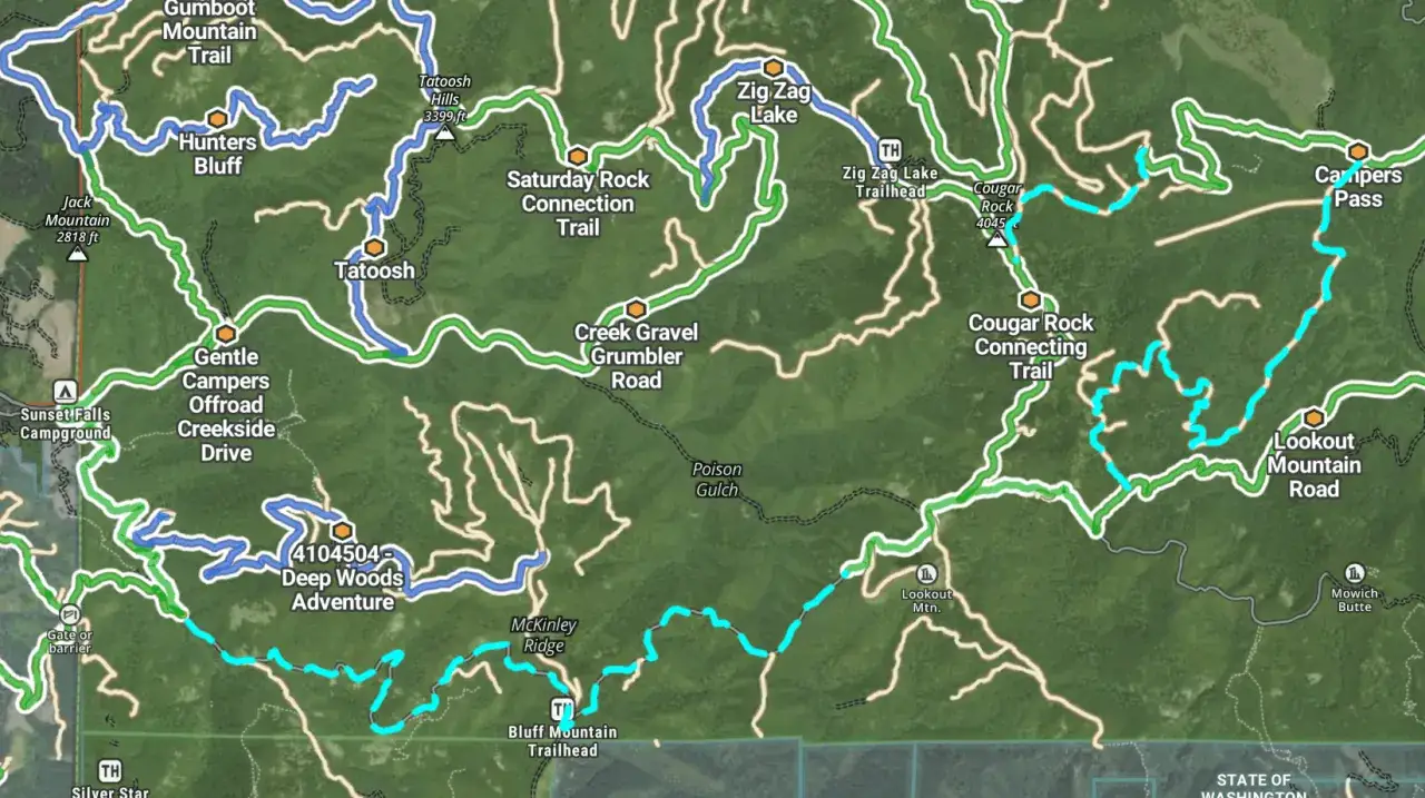 Map showing trails like Gumboot Mountain Trail and Cougar Rock Connecting Trail. This is what bushwhacking looks like on a map: navigating off-trail through dense terrain.