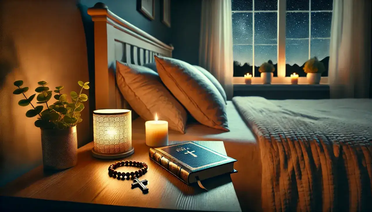 Na stoliku nocnym obok ł&oacute;żka leży Biblia, r&oacute;żaniec i zapalona świeca. To idealne miejsce na modlitwę wieczorną.