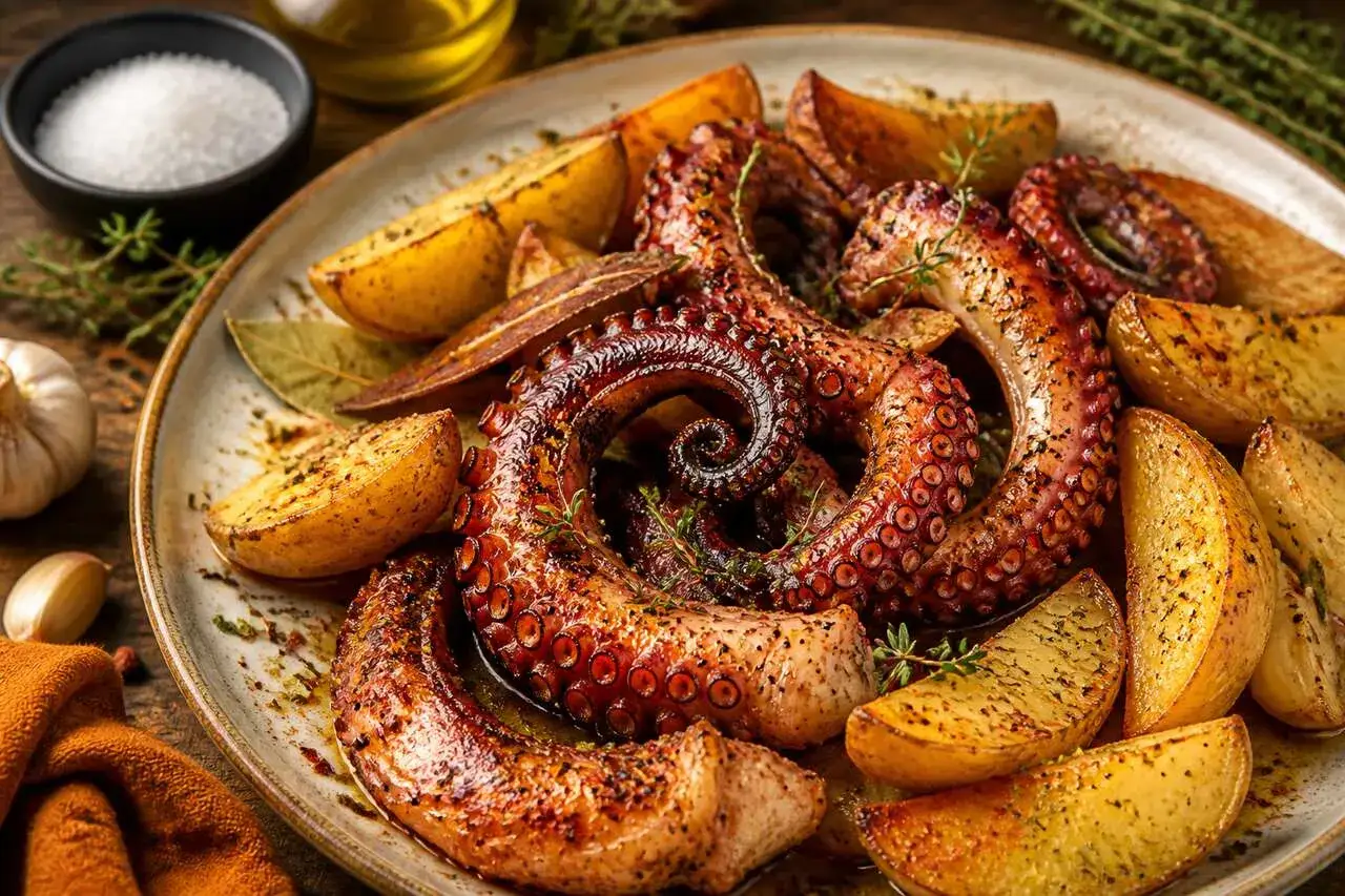Délicieuse recette poulpe grillé avec pommes de terre rôties, garni de thym frais. Un plat savoureux et visuellement appétissant.