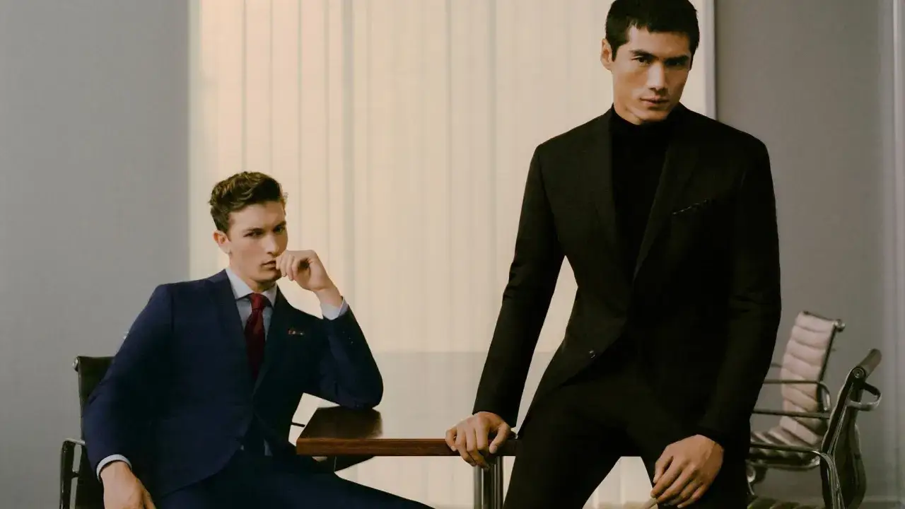 Dos hombres con trajes **business formal** posan en una oficina. Uno viste azul marino con corbata roja, el otro negro con cuello alto.