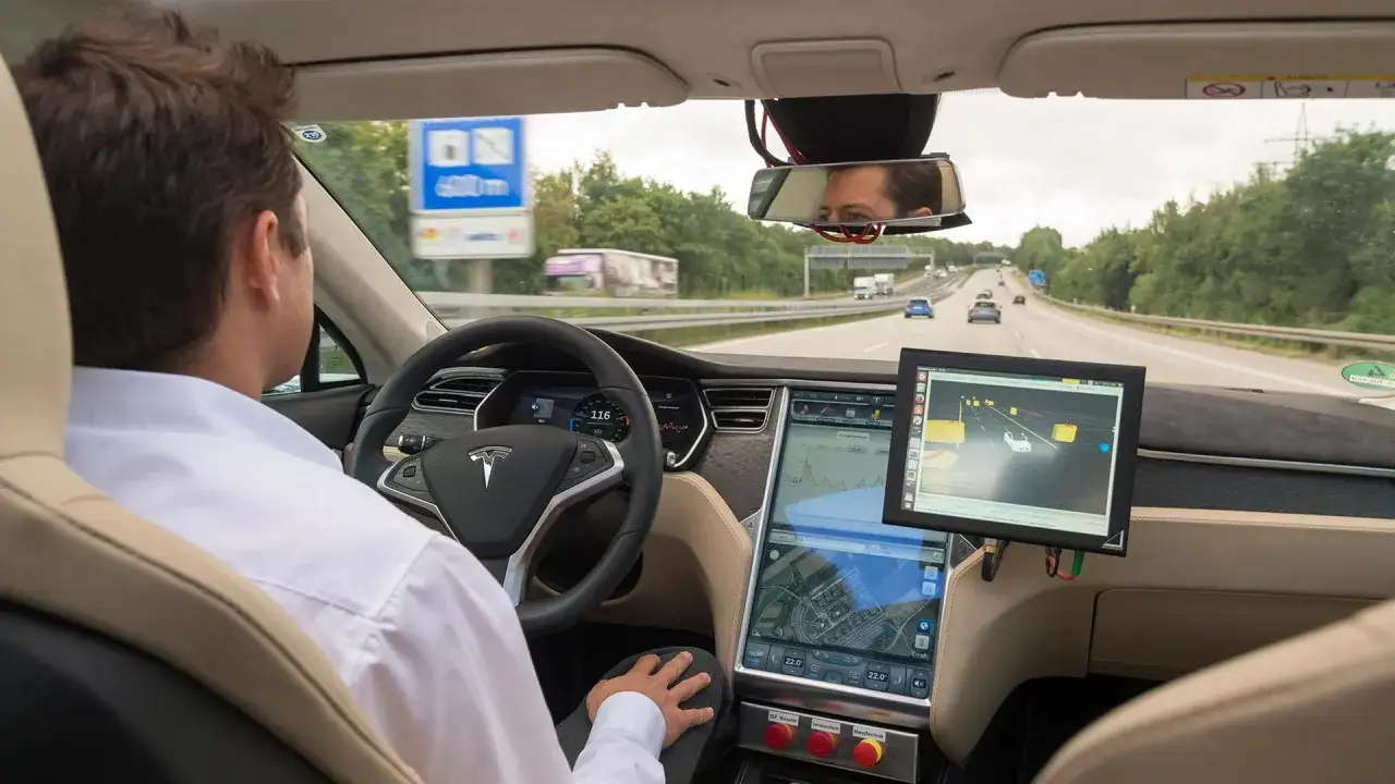Mann im weißen Hemd fährt auf der Autobahn. Ein Bildschirm zeigt die Bedeutung von PKW-Sensordaten für autonomes Fahren.