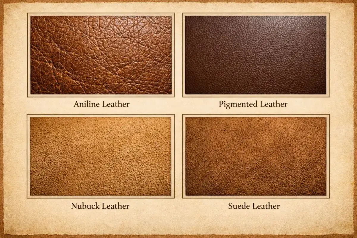 Échantillons de cuir : aniline, pigmenté, nubuck et suédé. Le nubuck, doux et velouté, provient d'un animal.