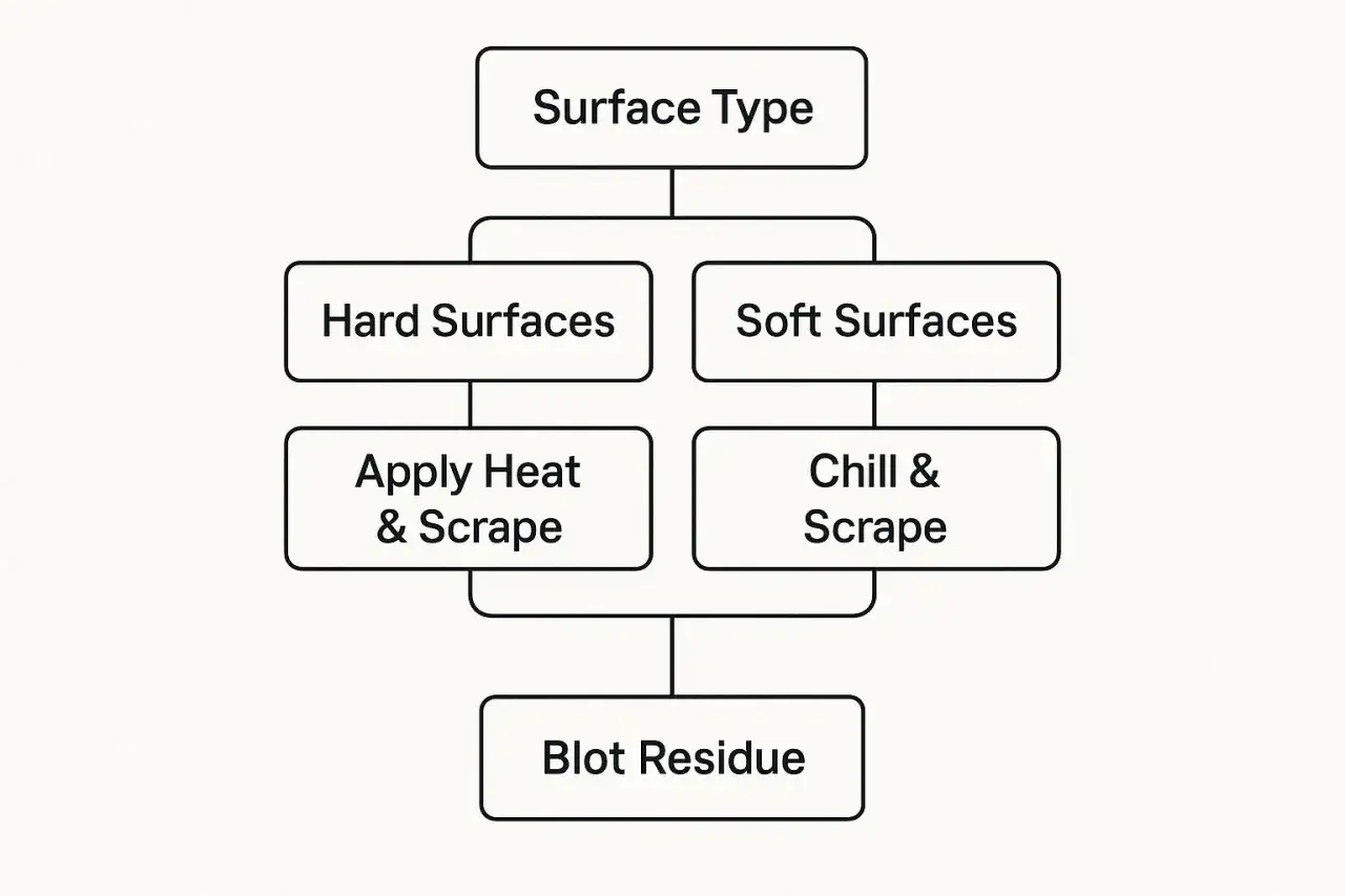Flowchart detailing how to remove candle wax from hard or soft surfaces, involving heat/chilling, scraping, and blotting residue.
