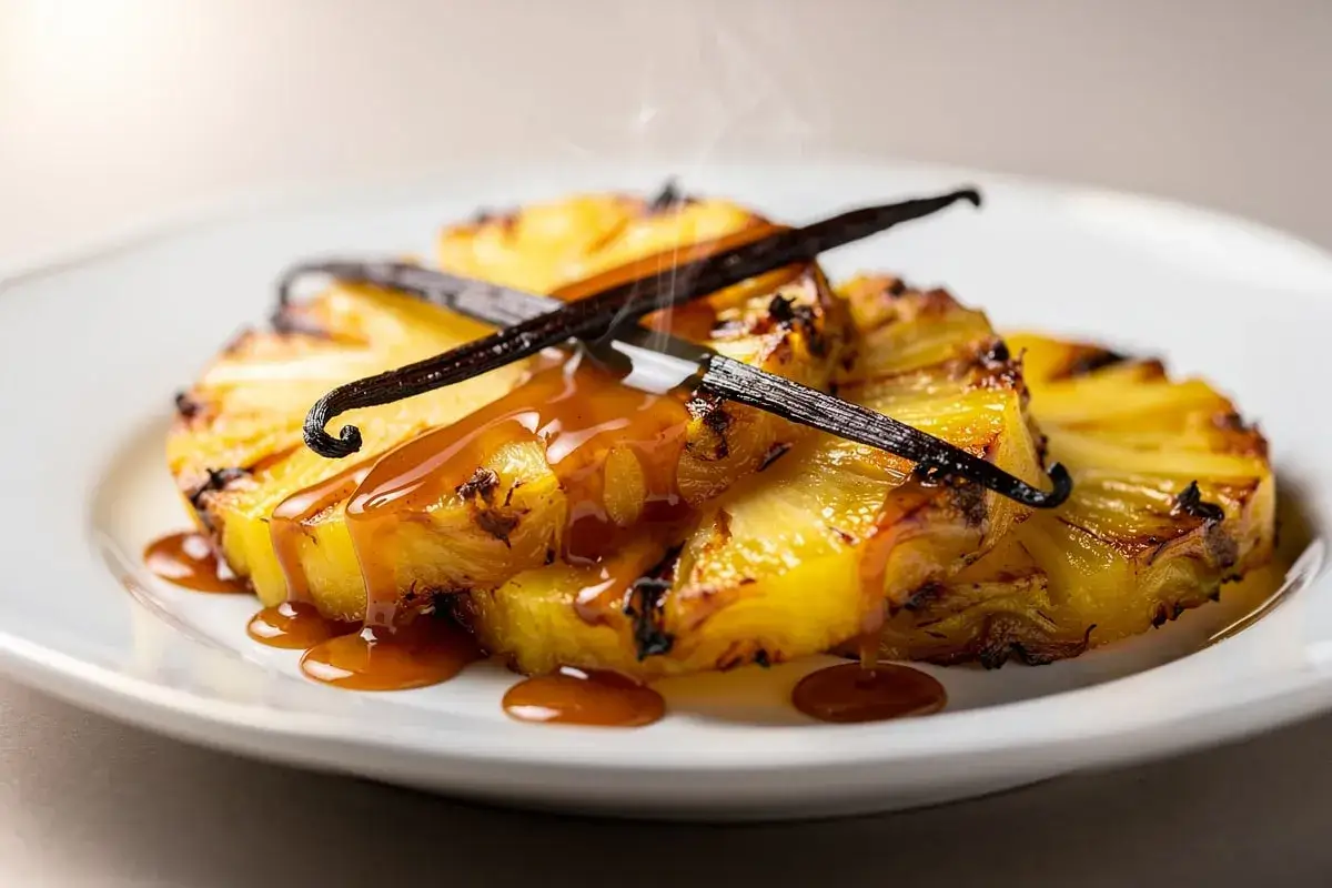 Tranches d'ananas rôti, nappées de sauce caramel et garnies de gousses de vanille, dégageant une légère vapeur. Un délice sucré et fruité.