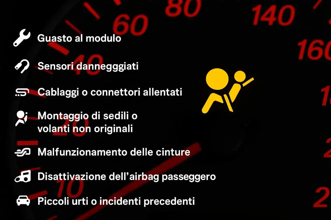 Spia airbag accesa: guasto modulo, sensori, cablaggi, montaggio non originale, cinture, disattivazione passeggero o urti.