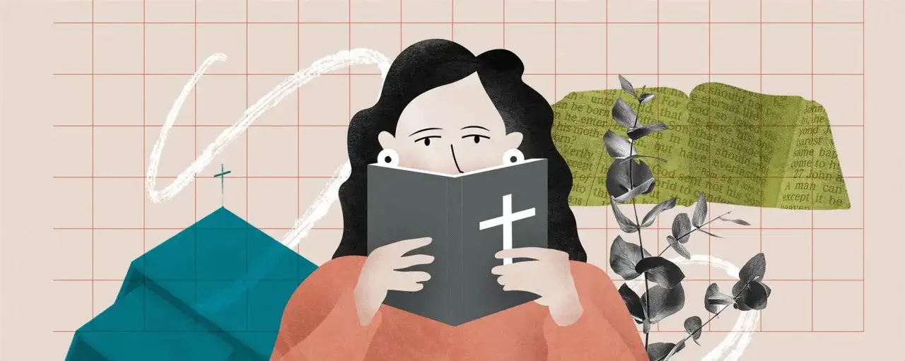 A person reads a Bible, seeking answers to whether being lazy is a sin, with a church and scripture fragments in the background.