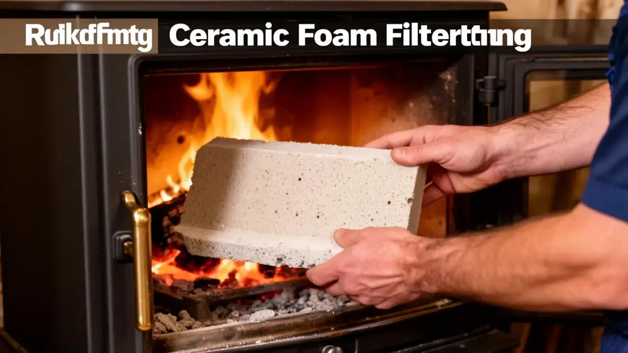 Hände legen einen Keramikschaumfilter in einen Holzofen. So rüsten Sie Ihren Bullerjan mit einem Feinstaubfilter nach.
