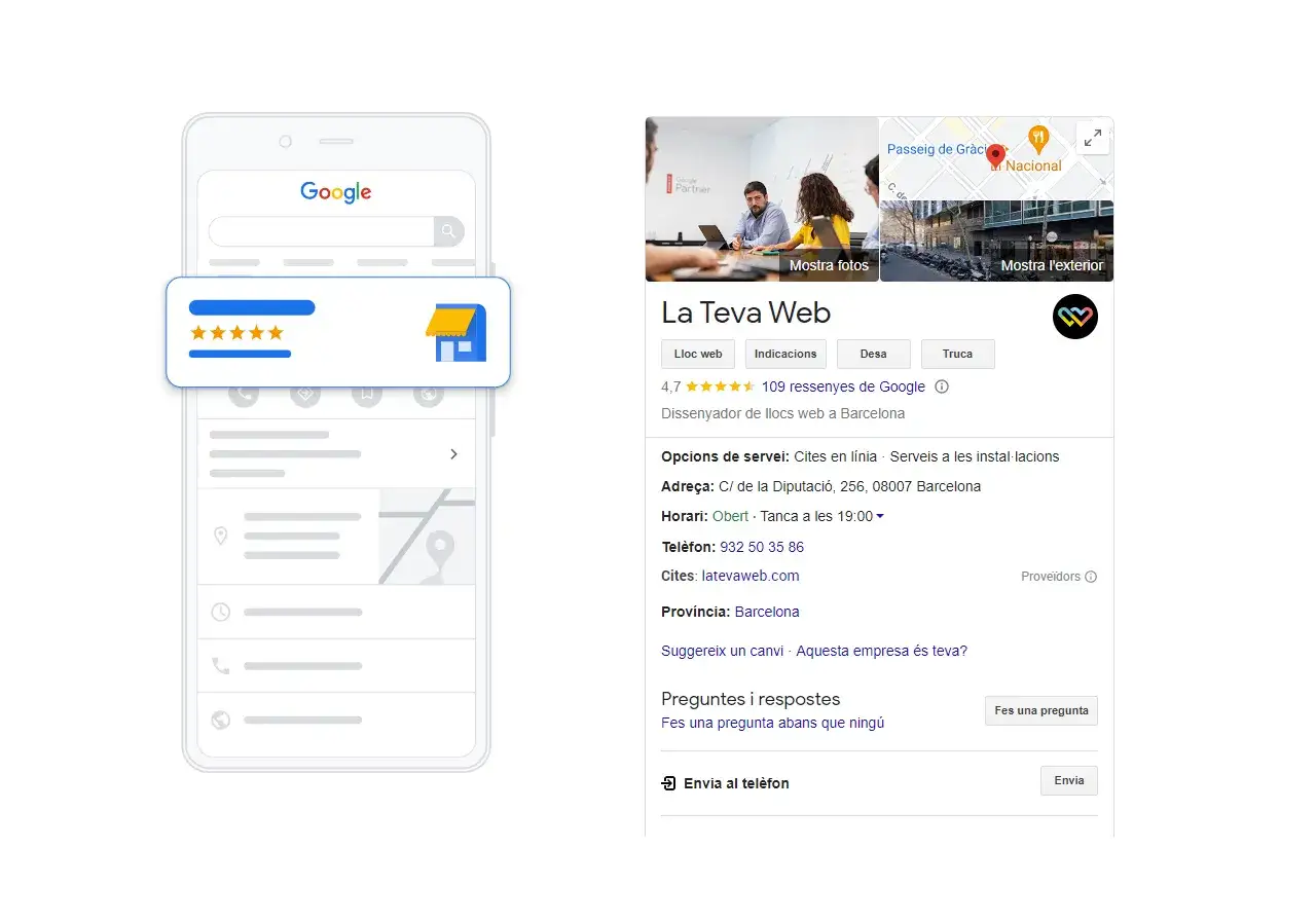 Perfil de Google My Business amb 5 estrelles, ideal per al google my business seo.