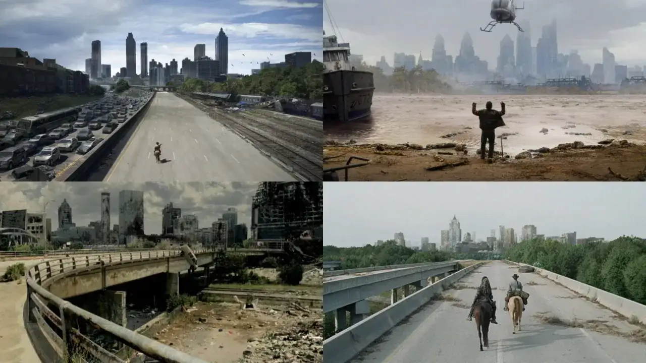 Sceny z The Walking Dead: Dead City &ndash; zniszczone miasta, puste autostrady z samochodami, ludzie na koniach i helikopter nad wodą pełną ciał.