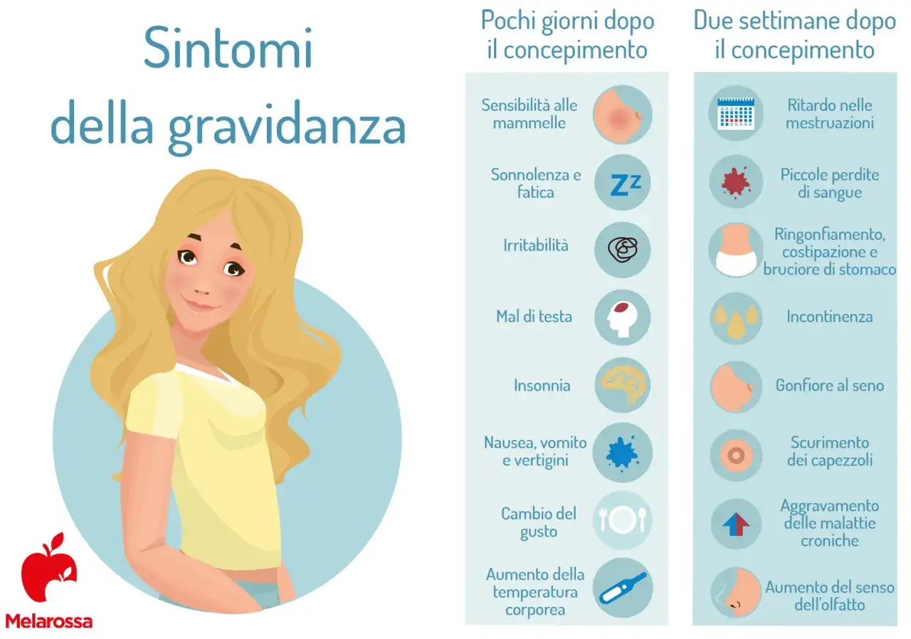 Sintomi precoci di gravidanza: sensibilità, stanchezza, irritabilità, mal di testa, insonnia, nausea, cambiamenti di gusto, temperatura corporea, ritardo mestruale, perdite, gonfiore, incontinenza, capezzoli scuri, peggioramento malattie, olfatto acuto.