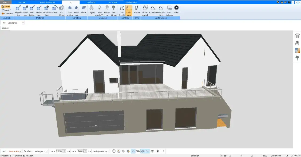 3D-Modell eines Hauses mit Garage und Terrasse. Die Traufseite des Hauses zeigt große Fenster und eine Schiebetür zur Terrasse.