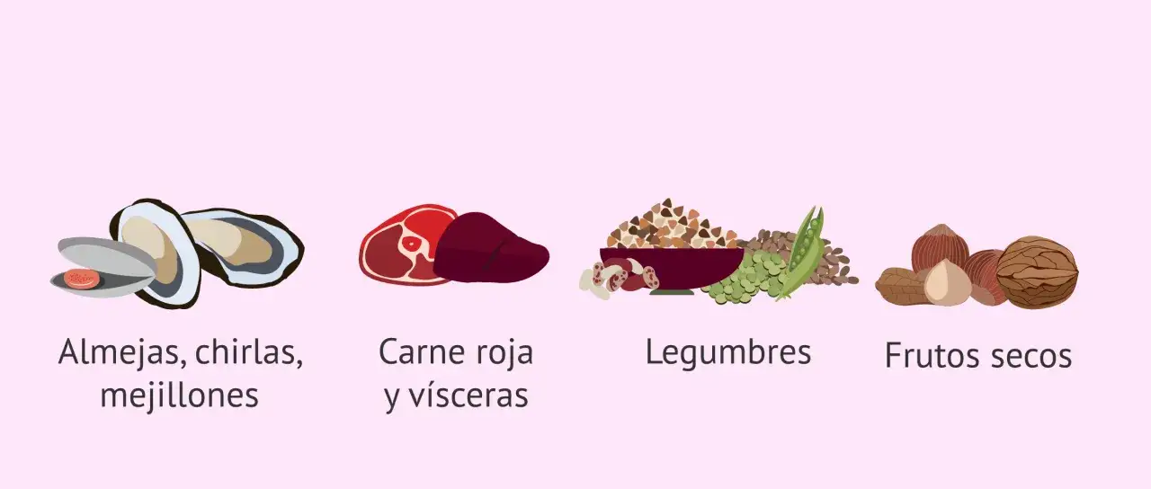 Alimentos ricos en hierro para combatir hemat&iacute;es bajos en embarazo: mariscos, carne roja, legumbres y frutos secos.