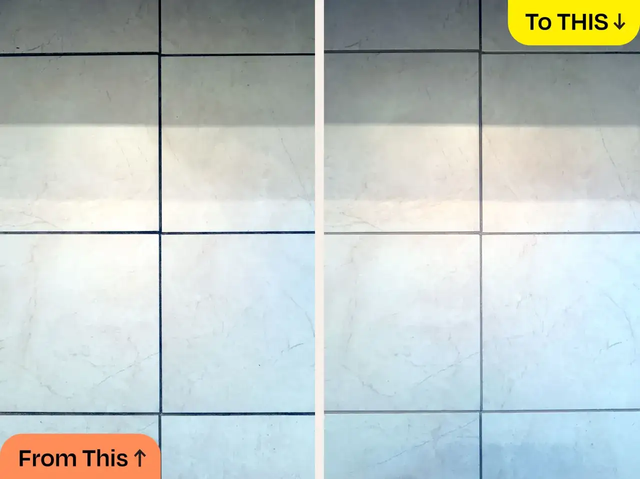 Antes y despu&eacute;s de blanquear juntas de azulejos. Las juntas oscuras se vuelven blancas y limpias.