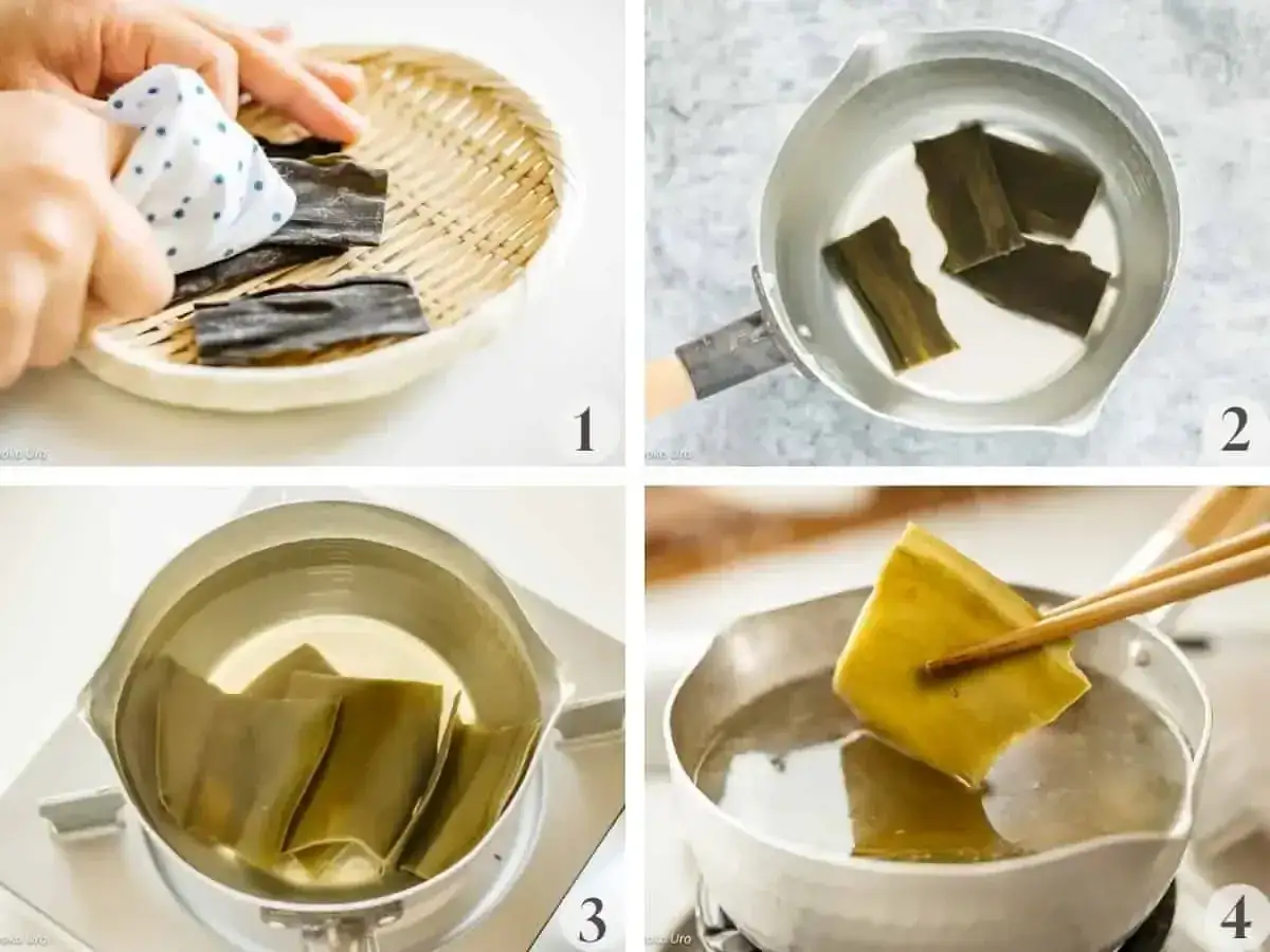 Making kombu dashi: wiping dried kelp, adding it to water, simmering, and removing it with chopsticks.