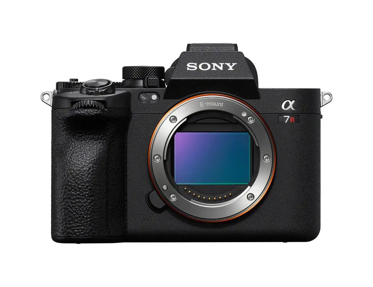 Czarny aparat Sony Alpha a7R V z widocznym sensorem i mocowaniem E-mount.
