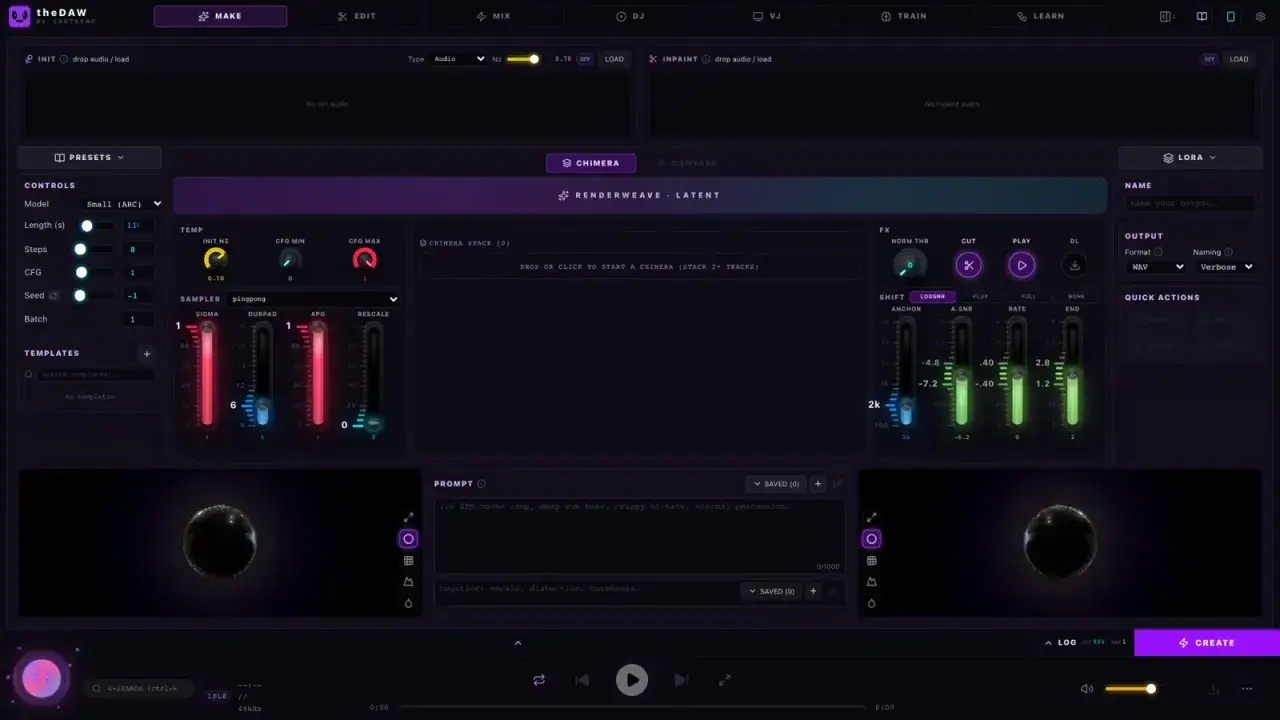 A futuristic ai music studio interface, with controls for sound generation, effects, and prompts.