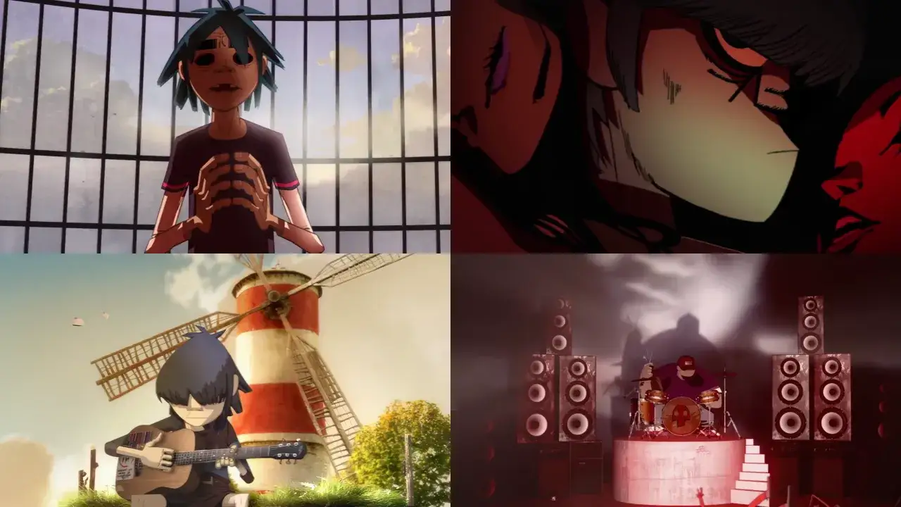 Sceny z klipu Gorillaz - Feel Good Inc.: 2D w klatce, Murdoc i Noodle, Russel gra na perkusji, 2D gra na gitarze przy wiatraku.